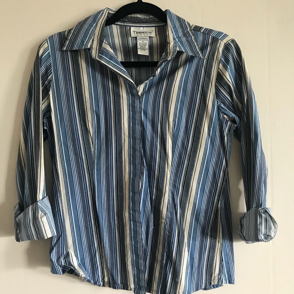 Tribeca Studio- 8- brown/blue/white striped shirt
